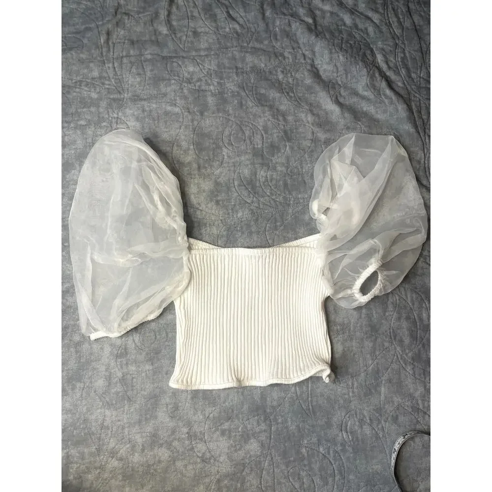 Zara White Ribbed Knit Organza Sheer Puff Sleeve Crop Top Blouse Size Small